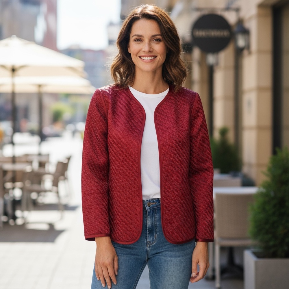 CHICOS Red Open Front Basket Weave Jacket Womens SMALL Holiday Woven Travelers